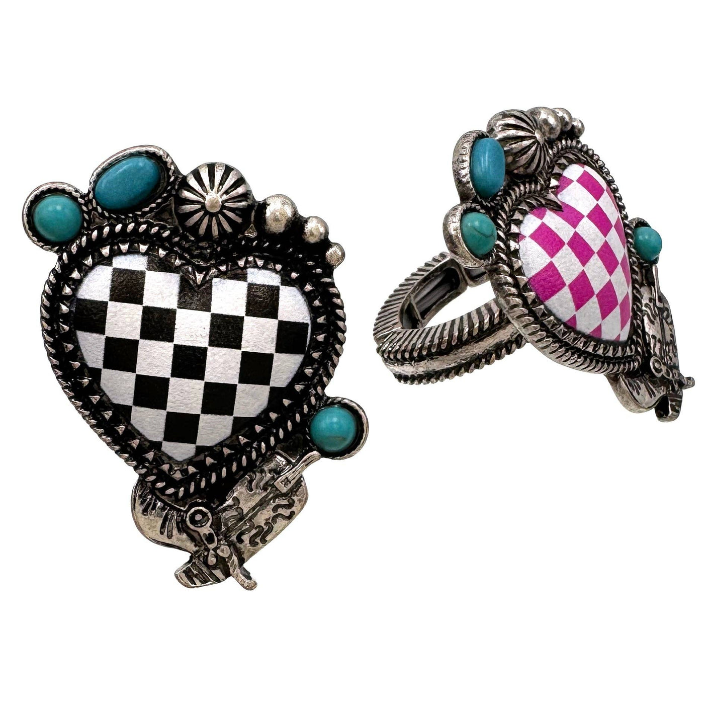 Checkered Print Western Heart Stretch Ring: Black