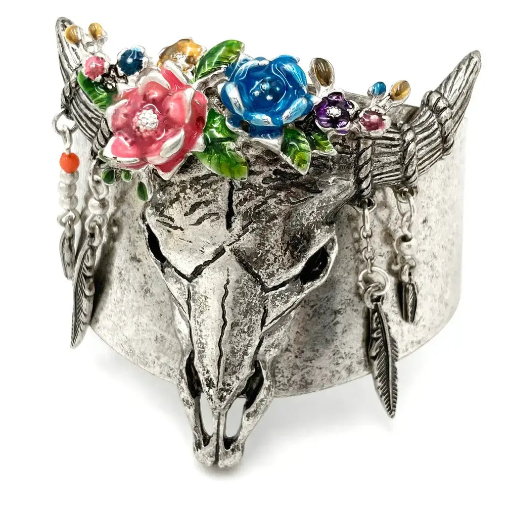 Longhorn Skull Bohemian Flowers Western Wide Cuff Bracelet: Silver