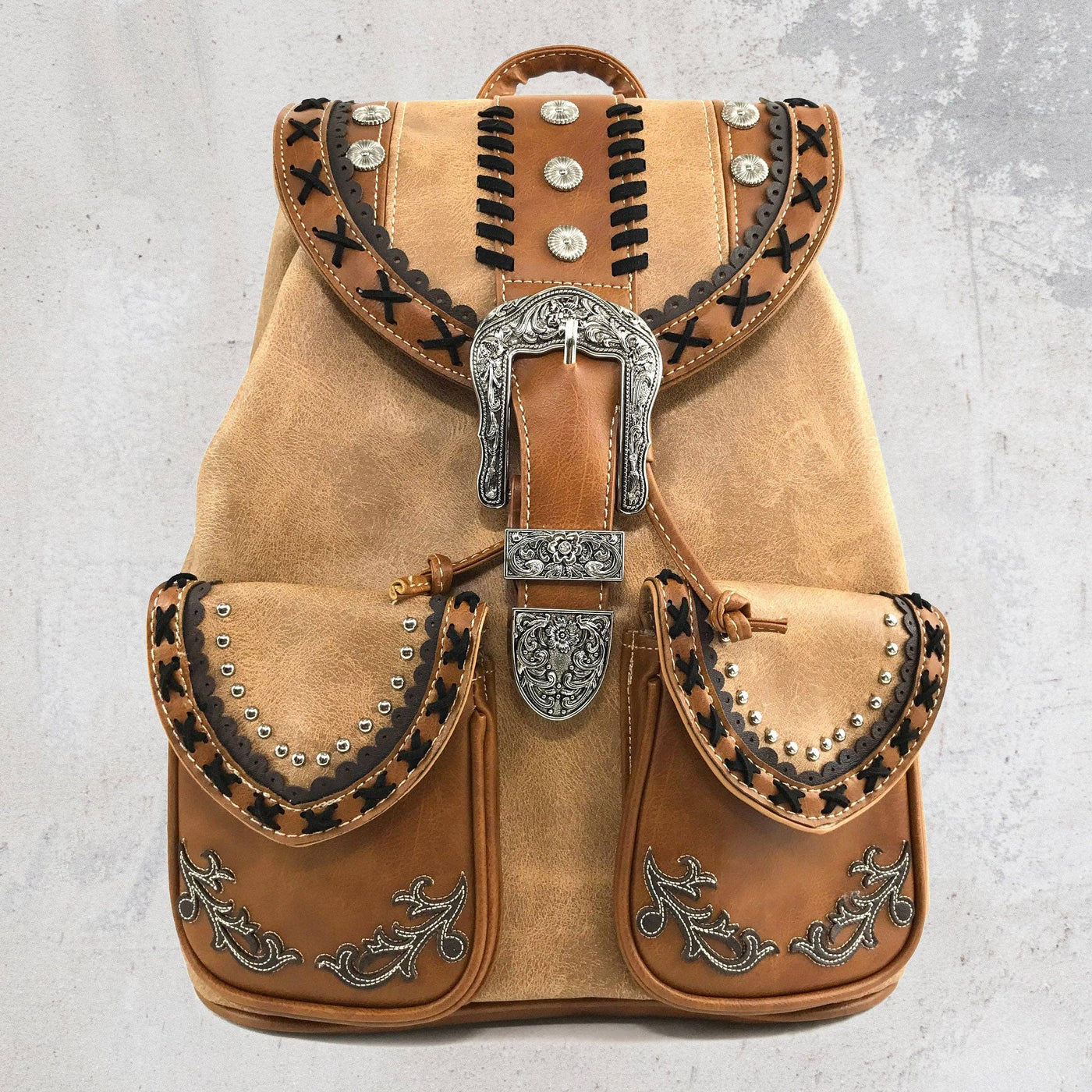 Western Leather Buckle Backpack: Tan